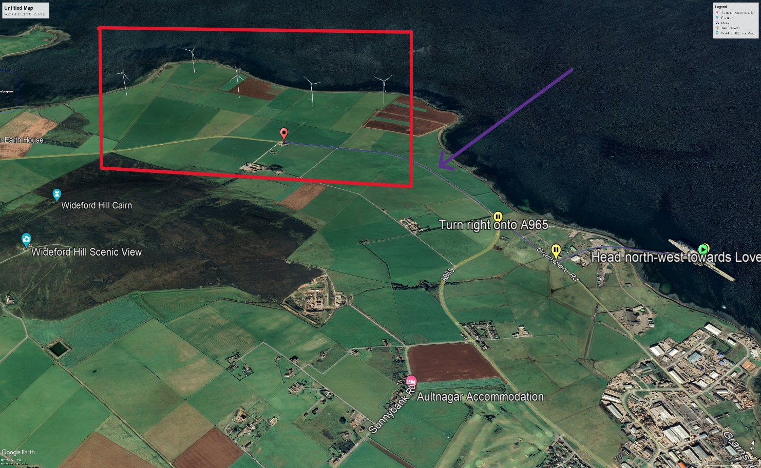 Google Earth view of the site with photomontage turbines